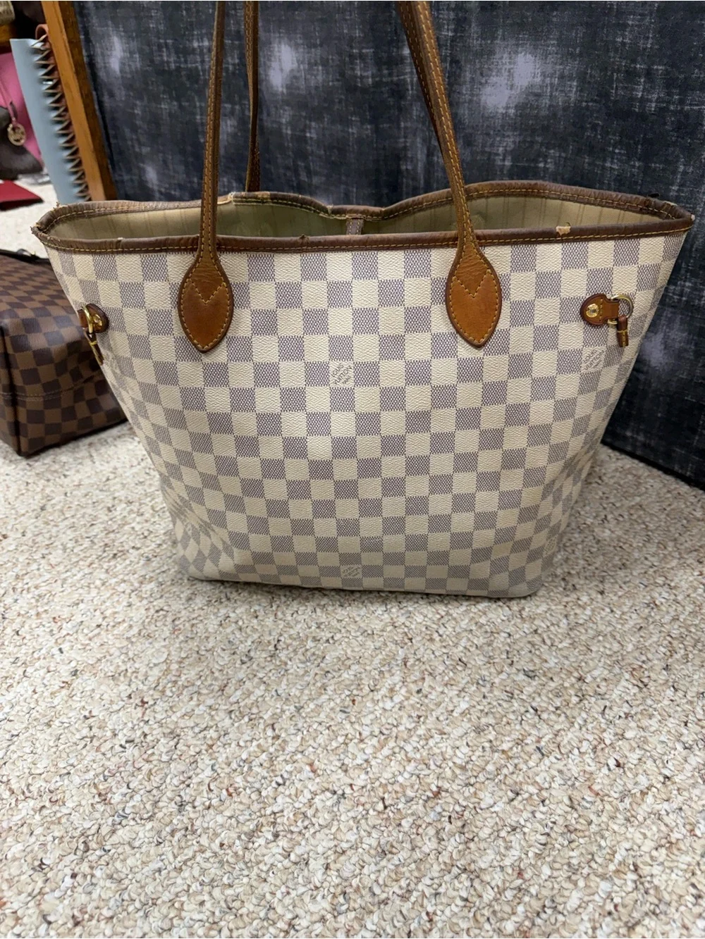 LOUIS VUITTON Neverfull MM White Damier Azur Tote Shoulder Bag Purse N40604$2240